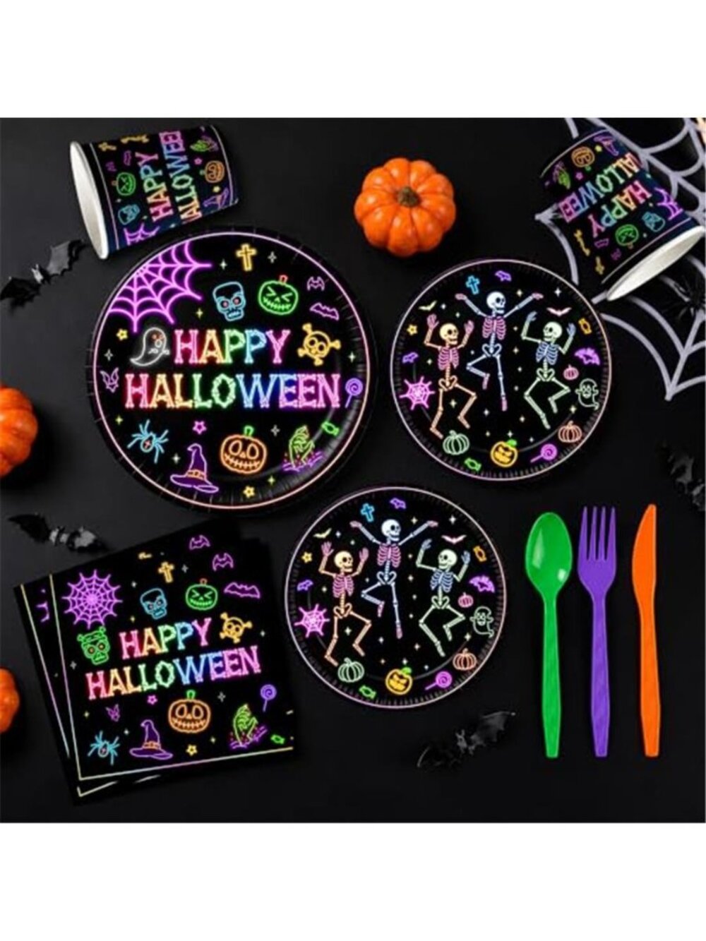 168pcs Halloween Plates Napkins Party Supplies Neon Black Party Decorations | - Picture 4 of 7